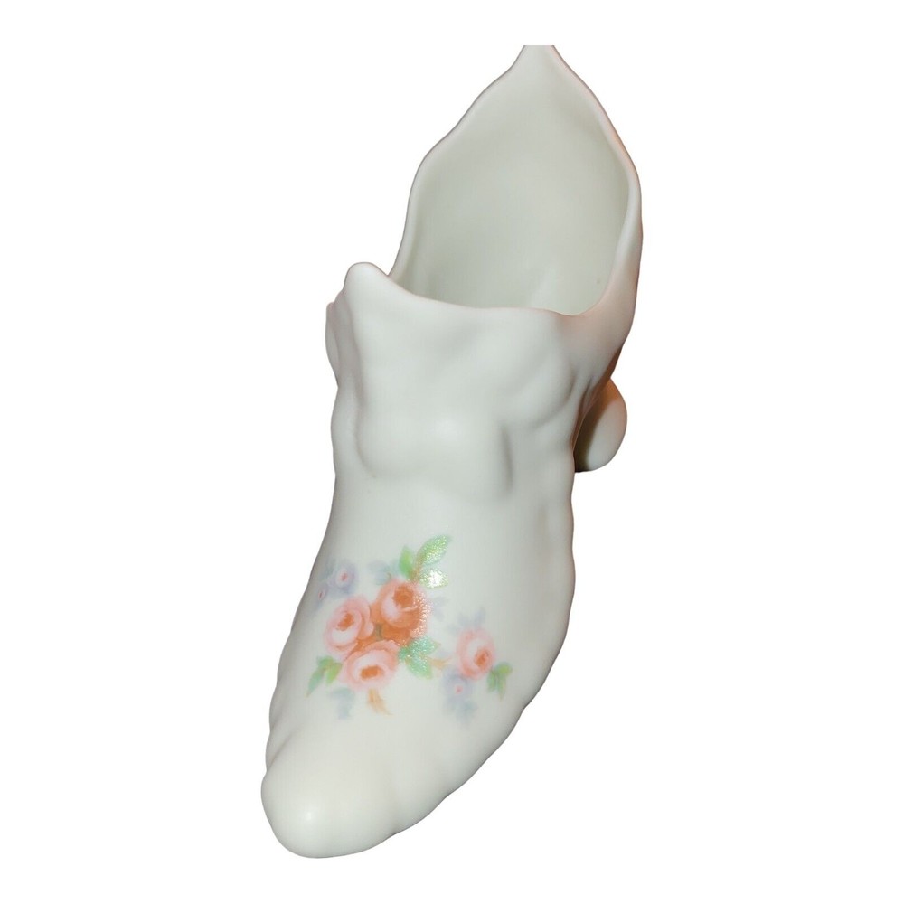 Hand Painted Flowers on Satin White Glass Slipper Shoe